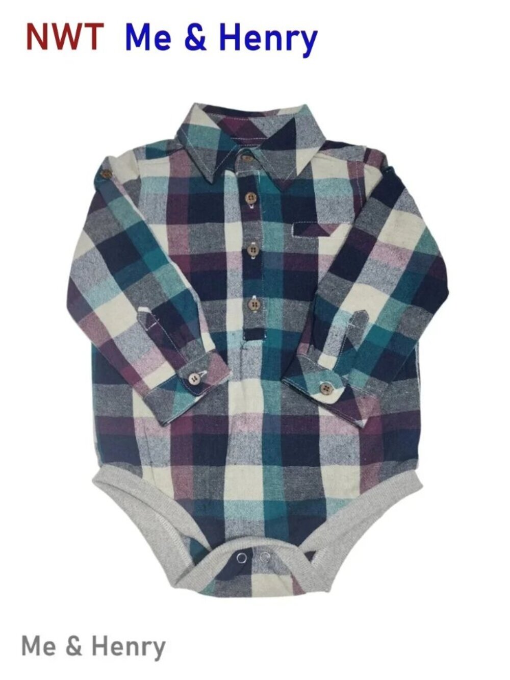Multi-color Plaid Woven Long-sleeve Bodysuit Onesie by Me & Henry